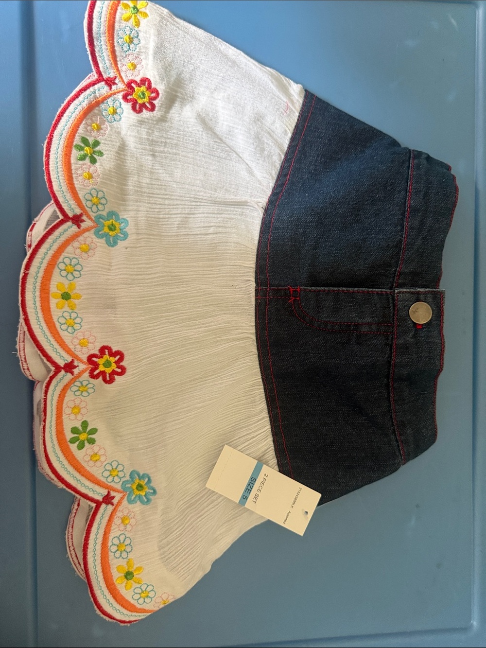 Girls' White Floral-Trim Denim Skirt